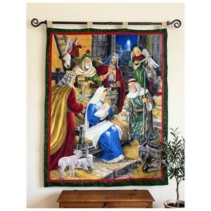 Holy Gathering Nativity Burlap Wall Hanging Tapestry 32x40 Holiday Christmas‎